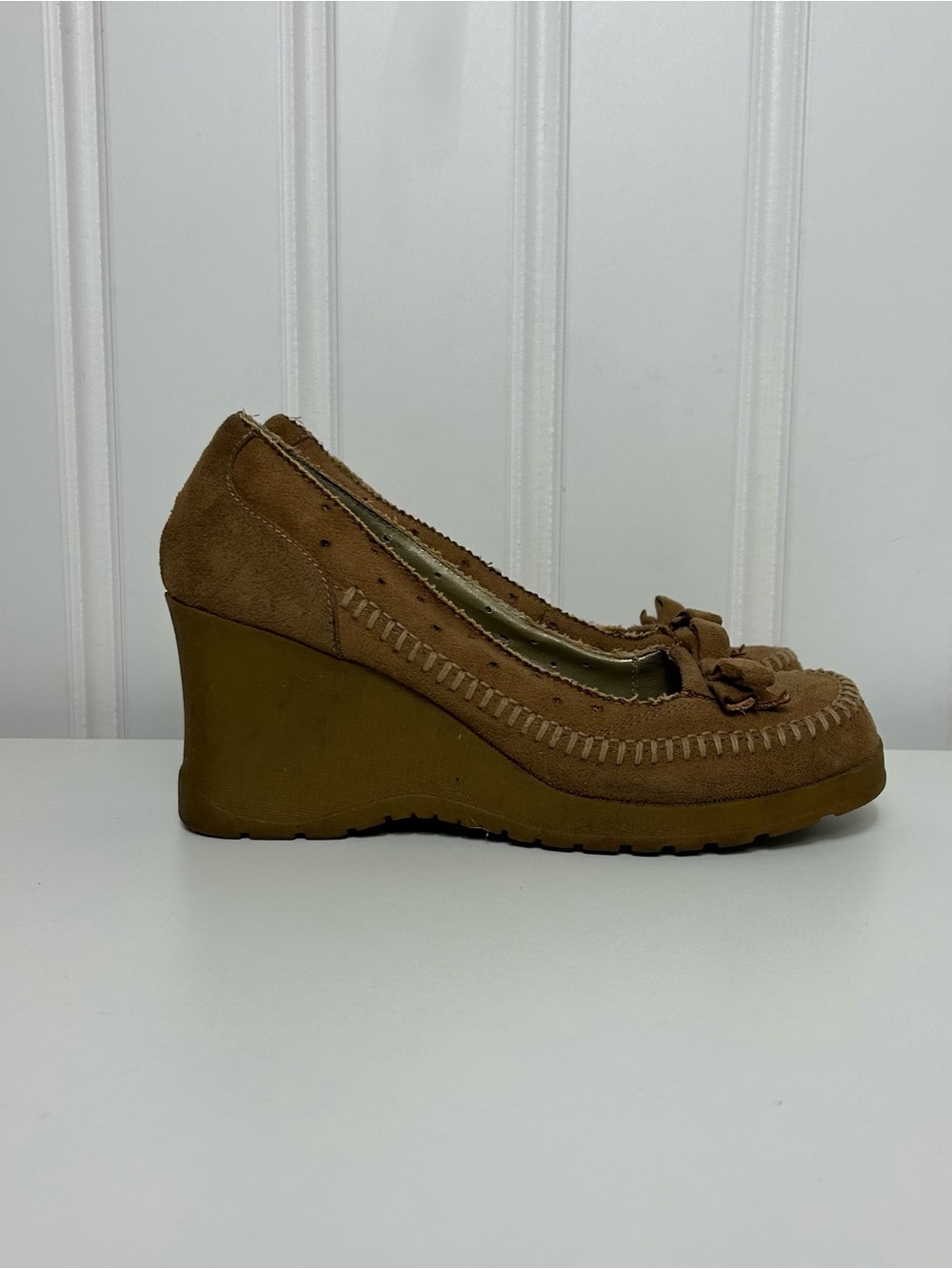 BONGO Brown tan Suede bow accent Wedge Sandals vintage y2k square toe womens 8.5
